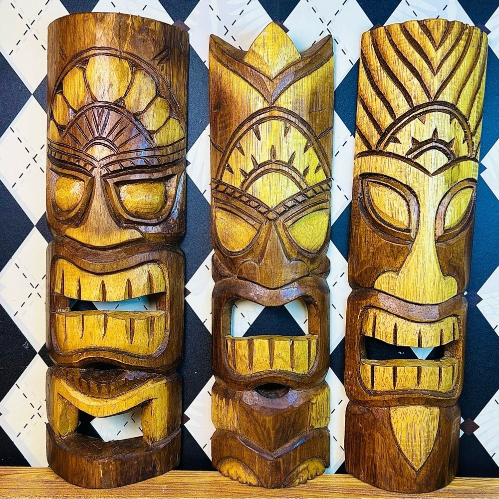 Carved Wood 20” Tiki Masks Set‎ of Three Mid-Century Tropical Wall Décor - Picture 4 of 6